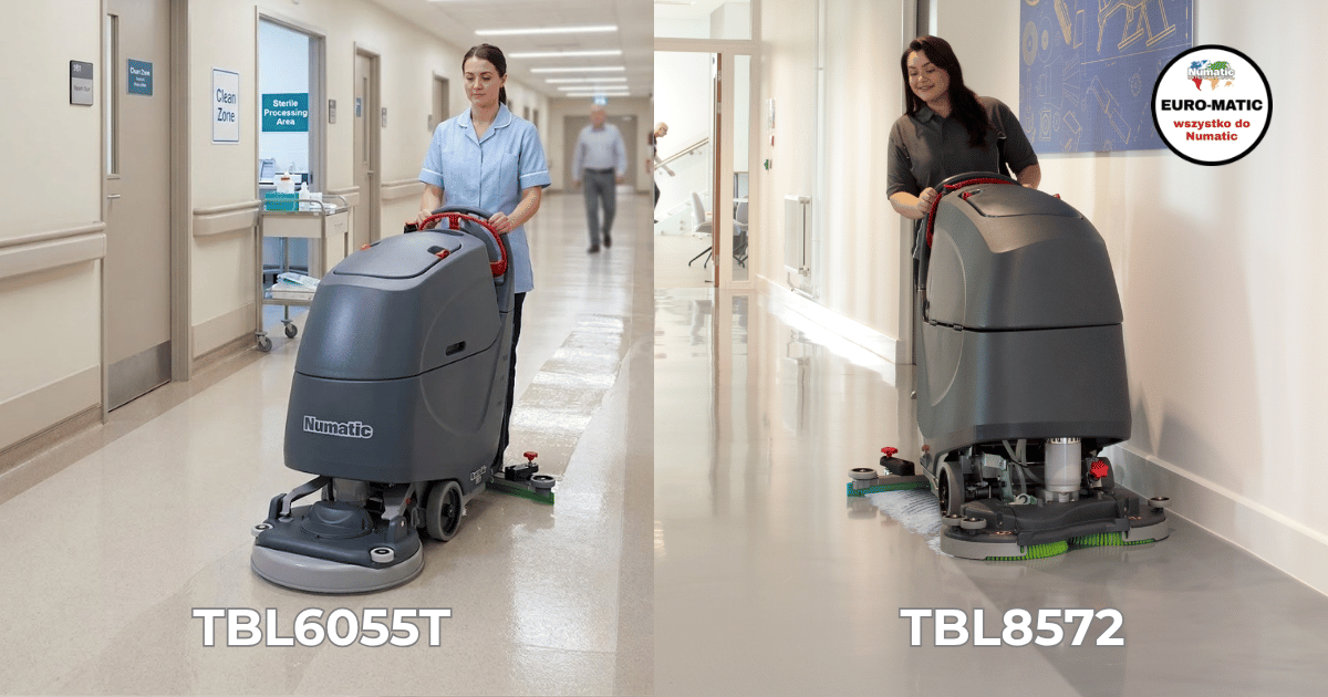 Porównanie maszyn Numatic TBL6055T i TBL8572T podczas mycia podłóg w obiekcie medycznym